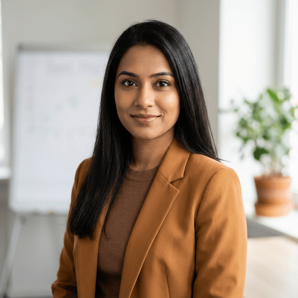 Aisha Patel in professional attire in an office