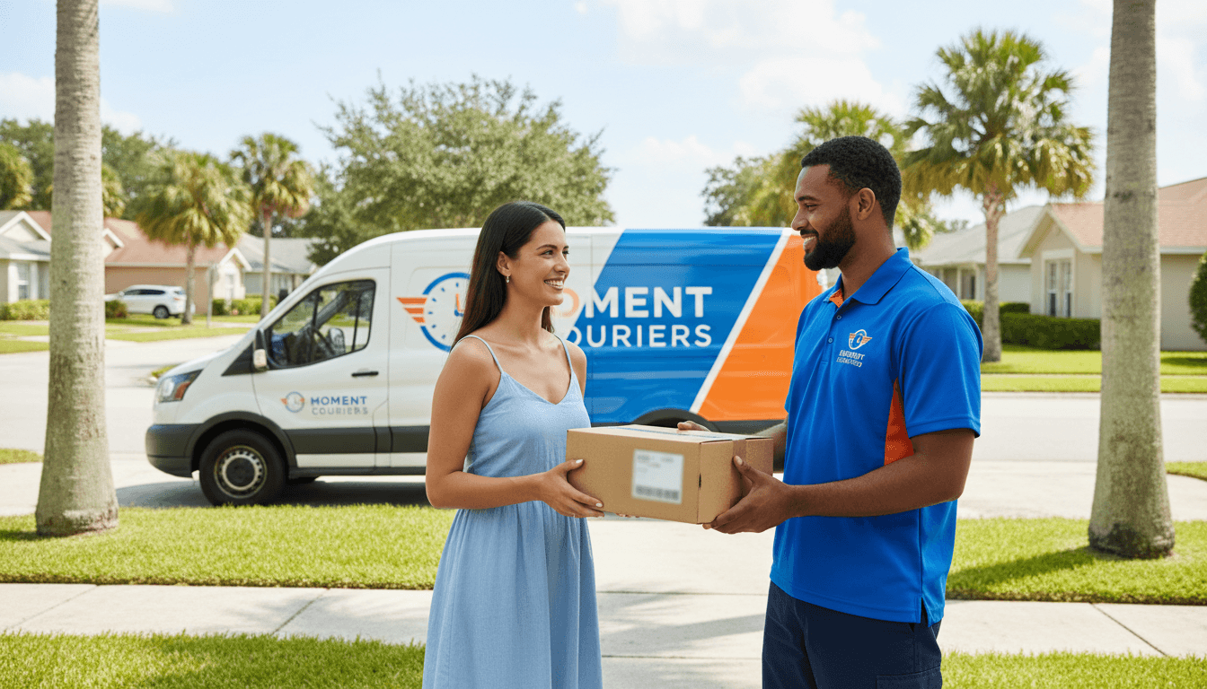 Courier handing a package to a customer