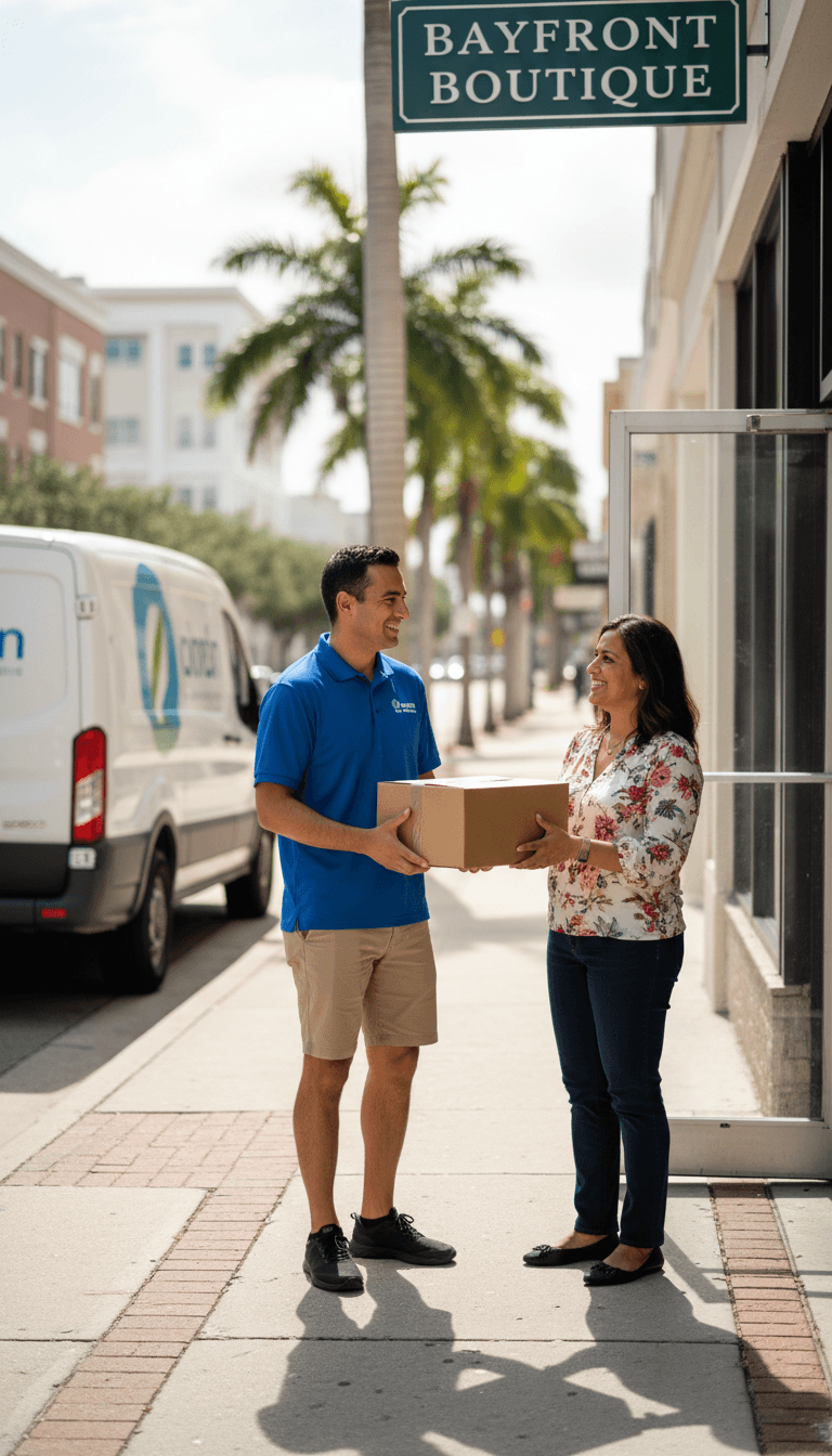 Courier handing a package to a business owner in Tampa