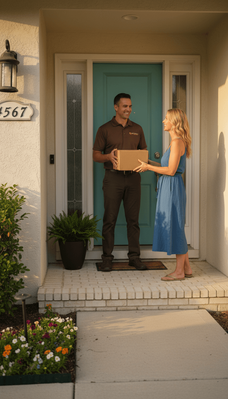 Courier handing a package to a customer at their front door in Tampa