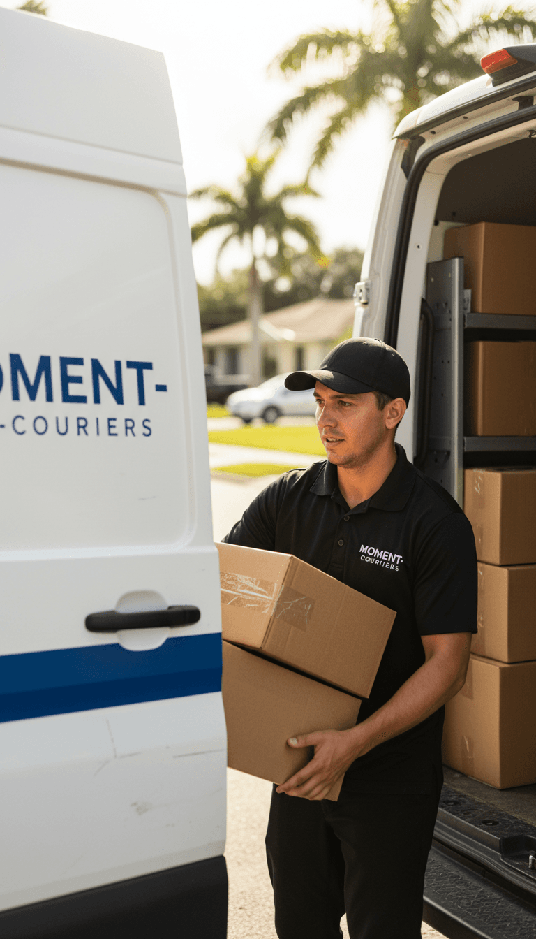 Driver loading packages into cargo van in bright Tampa sunlight, focused expression, professional attire
