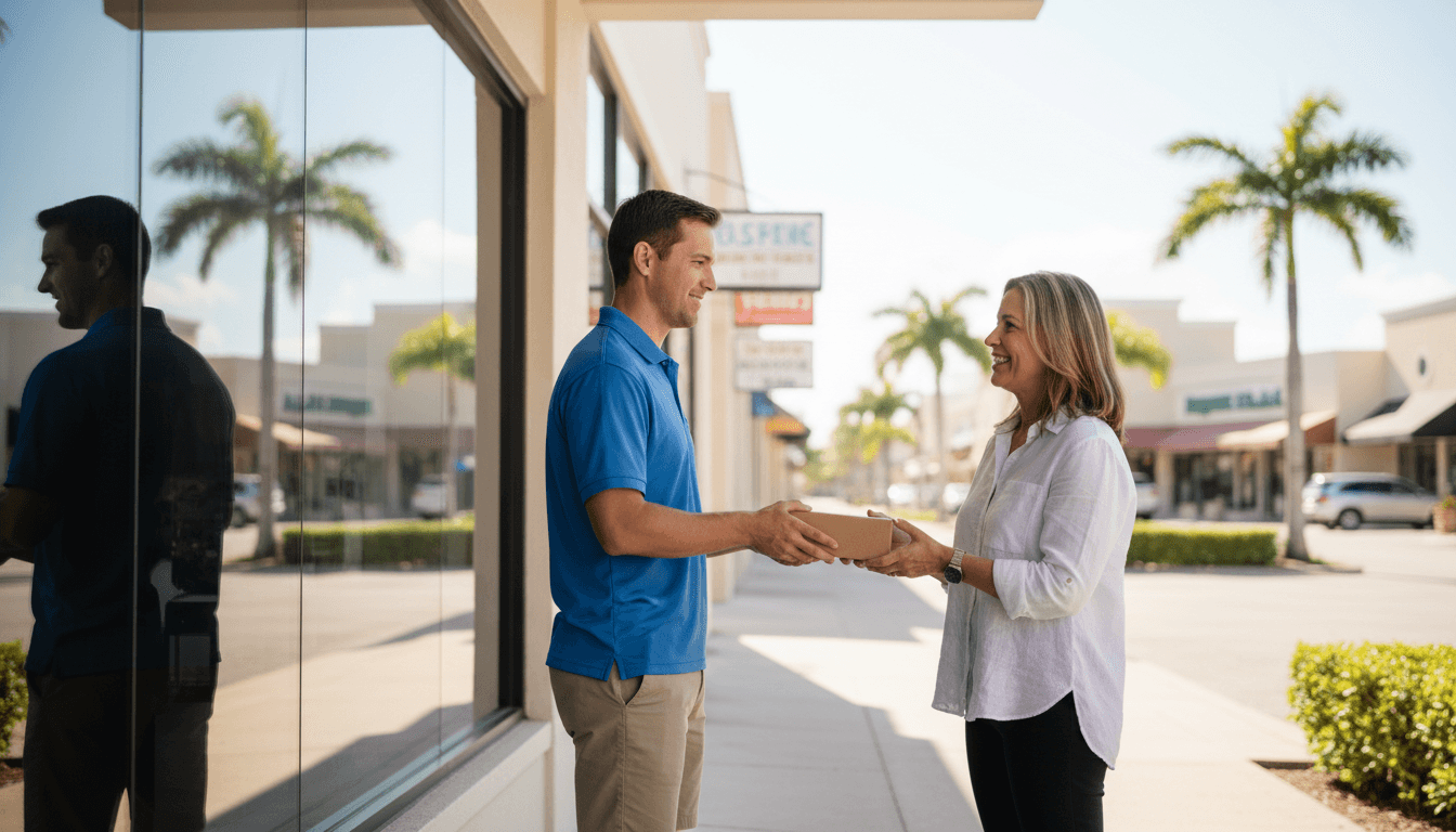 Courier handing a package to a business owner in Tampa