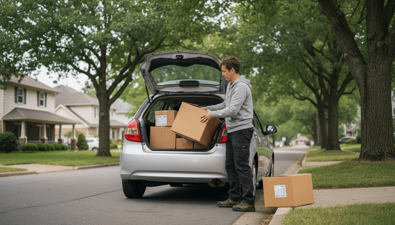 Delivery driver with package at a home doorstep