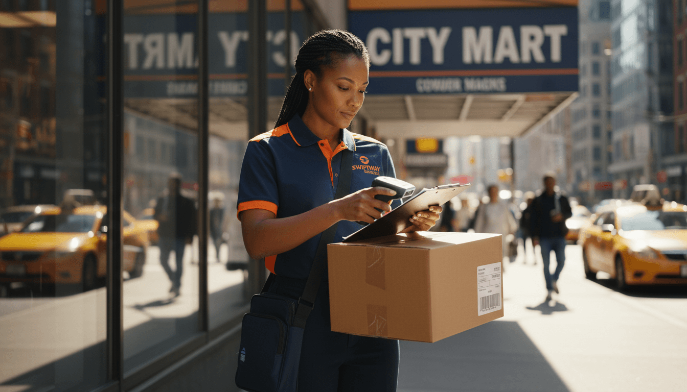 Courier in uniform handing a package to a customer at their front door